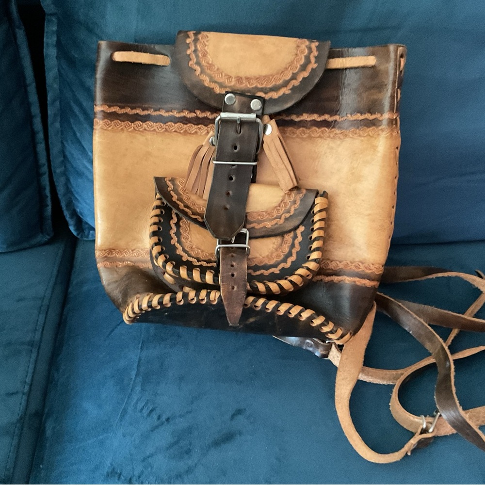 Mexican hand tooled unbranded leather backpack